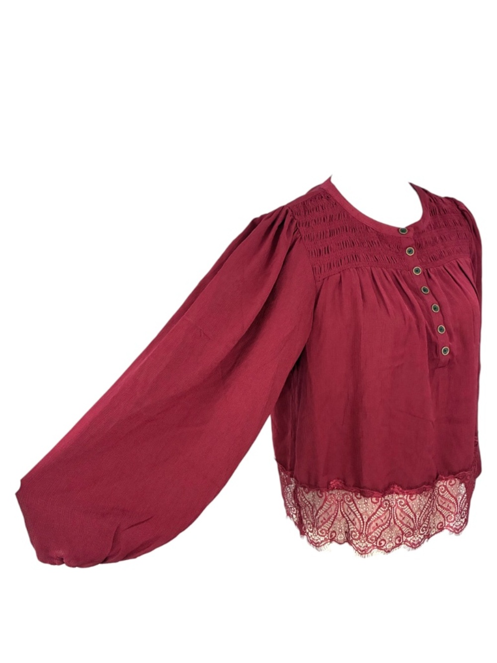 Frye Lace Trim Blouse NEW S Burgundy Red Henley Victorian Flowy Lightweight Top